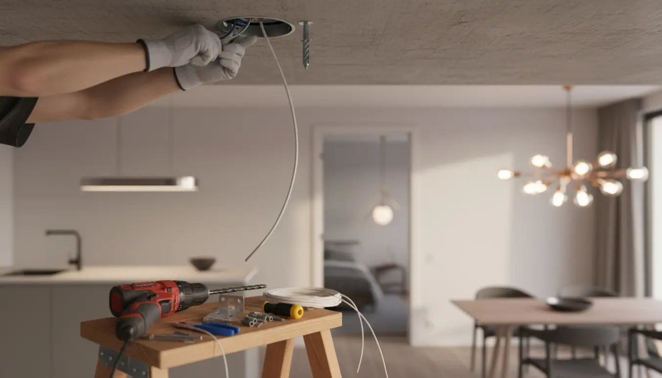 Hænder monterer en lampe i et betonloft med værktøj og tre forskellige lamper i baggrunden.