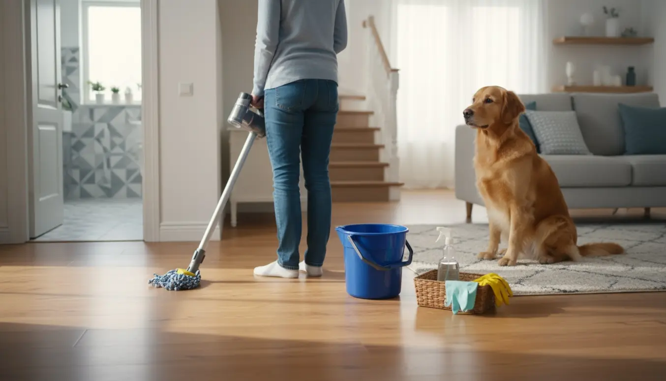 En person støvsuger stuen i et soloplyst hjem, mens en hund sidder på et tæppe i baggrunden.