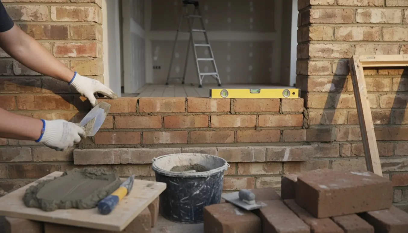 Murer bygger en ny mur i en firkantet vinduesåbning med mursten, mørtel og værktøj.