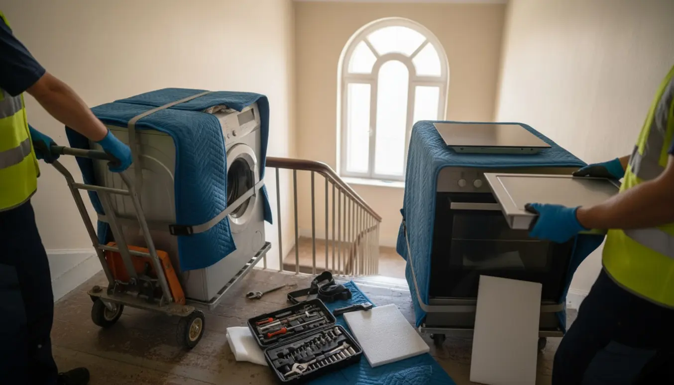 Flyttemænd bærer ovn, vaskemaskine og aftræk ned ad en opgang med værktøj og pakkematerialer.