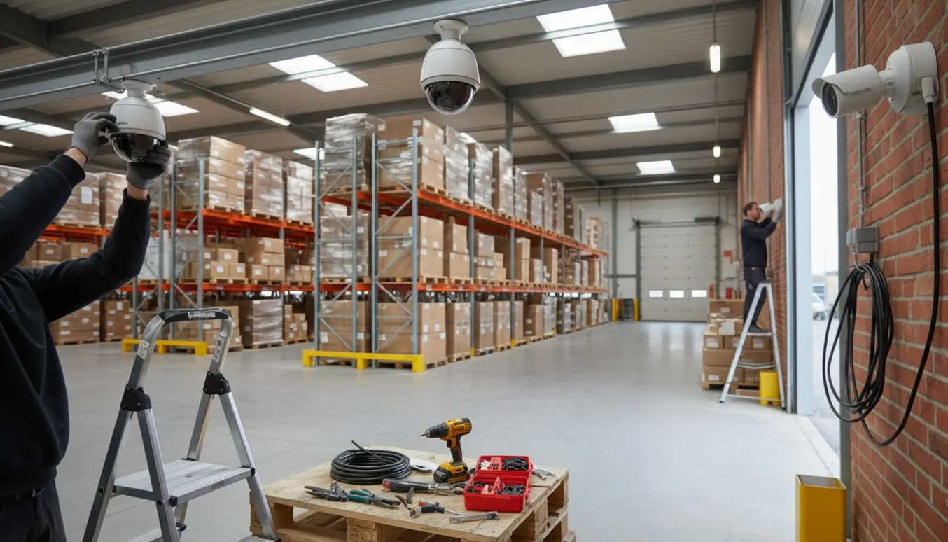 Installatører monterer indendørs og udendørs overvågningskameraer i et 300 m² lager med reoler og kasser.