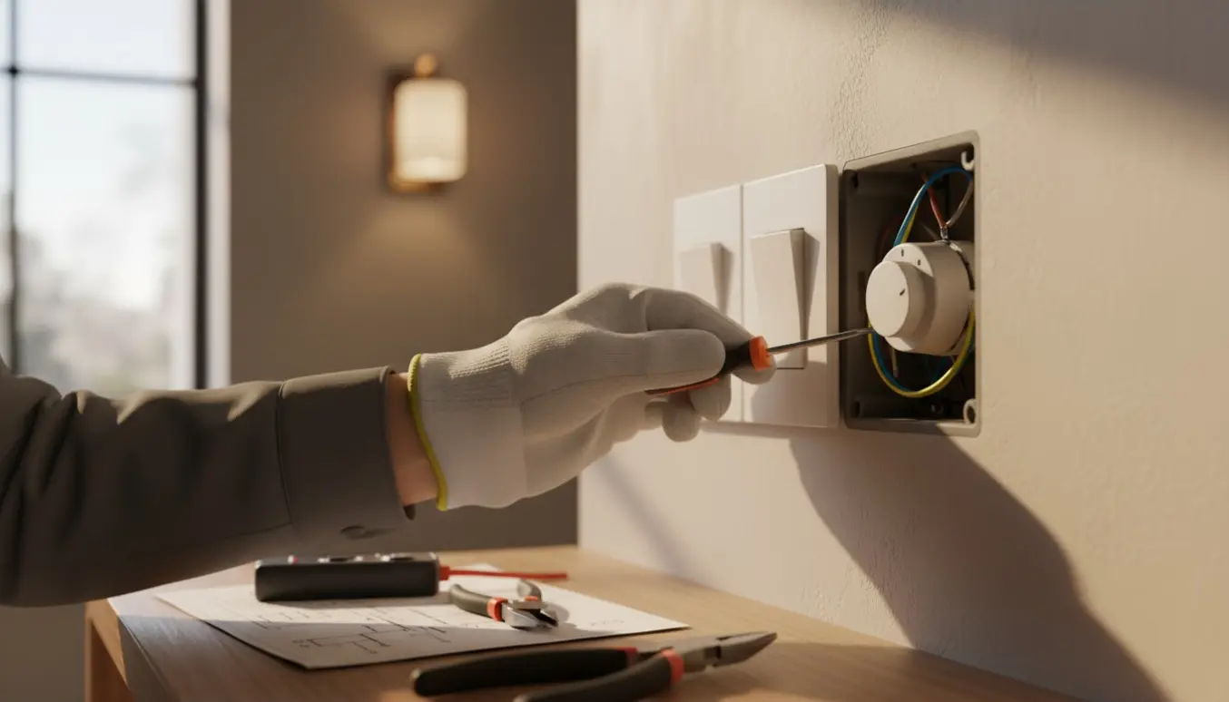 Nærbillede af hænder, der arbejder med ledninger ved en åben vægkontakt med en roterende lysdæmper.