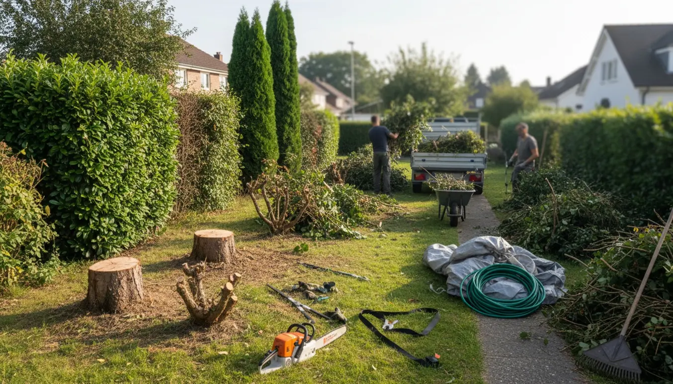 Afklippede buske og grønt affald bliver læsset på en trailer foran to små haver.