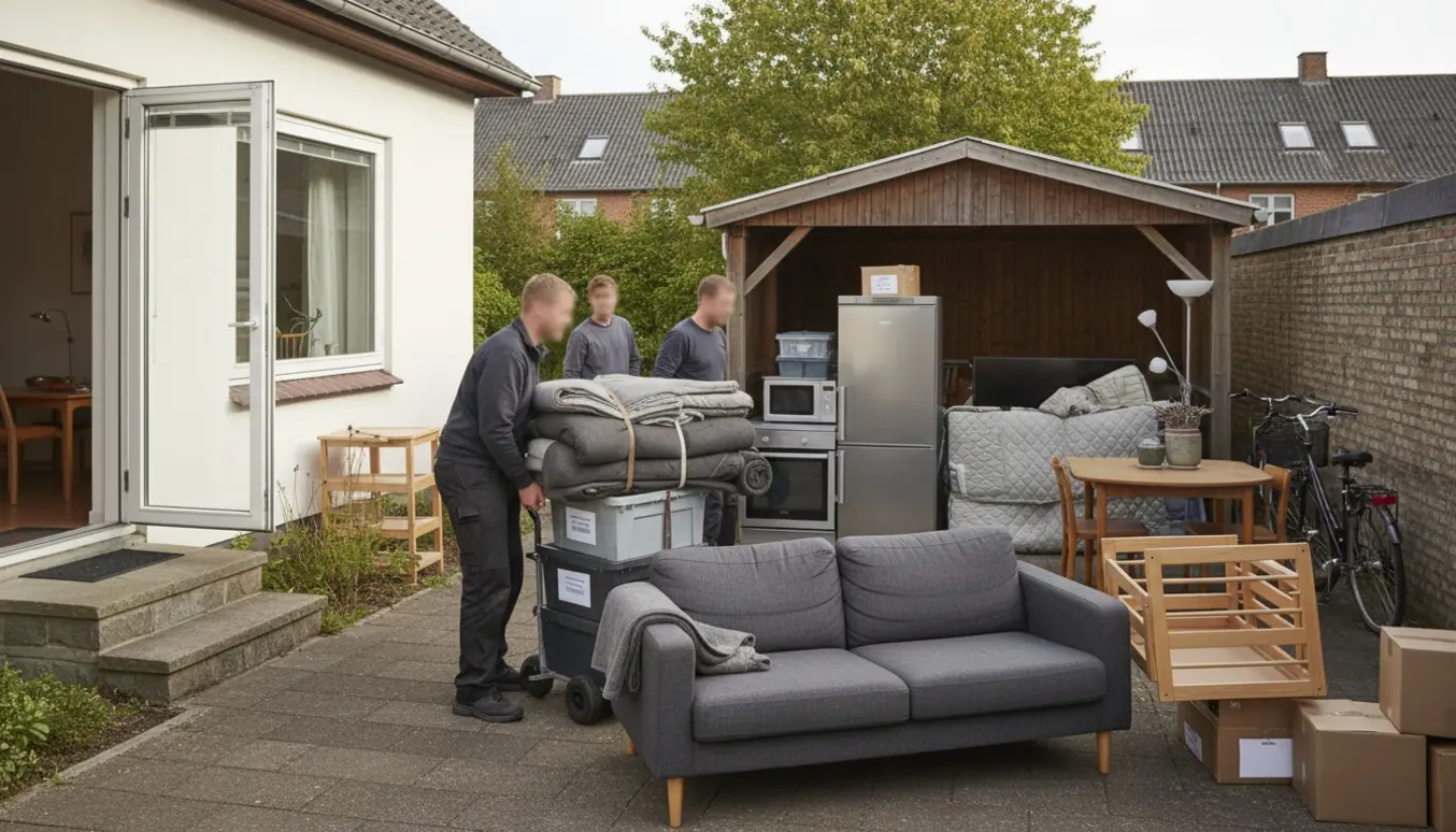 Flytte‑scene i Lyngby: to personer bærer en sofa mod en carport omgivet af flyttekasser, cykler og beskyttede apparater.