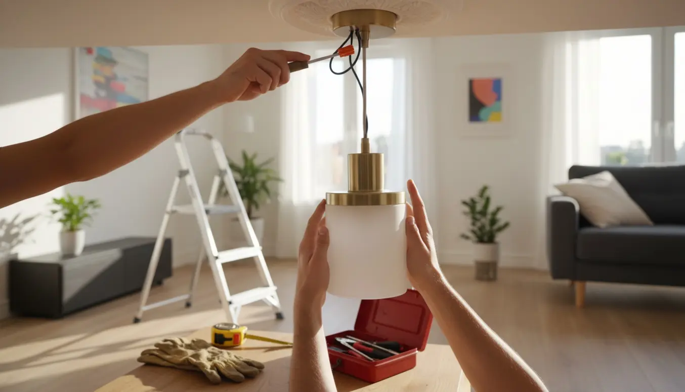 Montering af en pendel lampe i en loftroset med værktøj og arbejdsflader i et lyst stuerum.