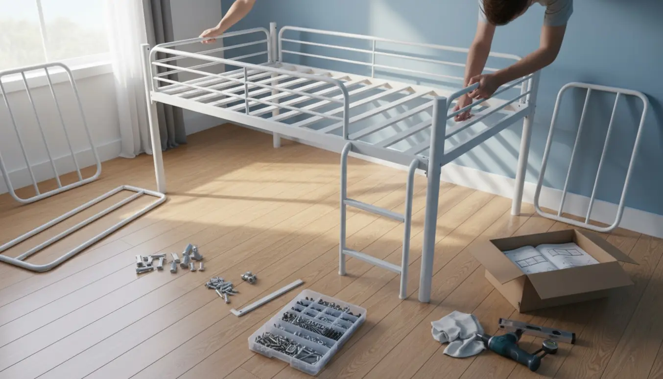 Delvist samlet høj seng med værktøj og samlevejledning i et lyst værelse.