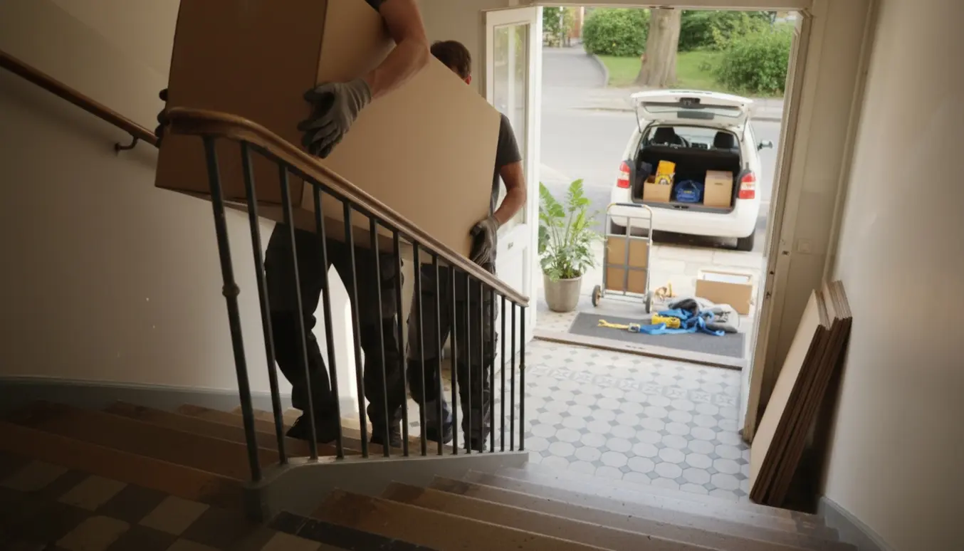 To flyttemænd bærer en lang, ubranded garderobekasse ned ad en trappe i en Østerbro-opgang med varebil parkeret udenfor.