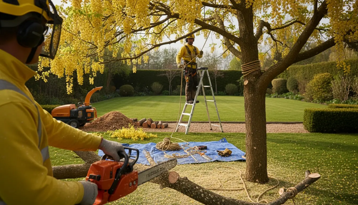 Arborist fælder en ca. syv meter høj guldregn i en velordnet villahave, med skårne grene og træstammer klar til oprydning.
