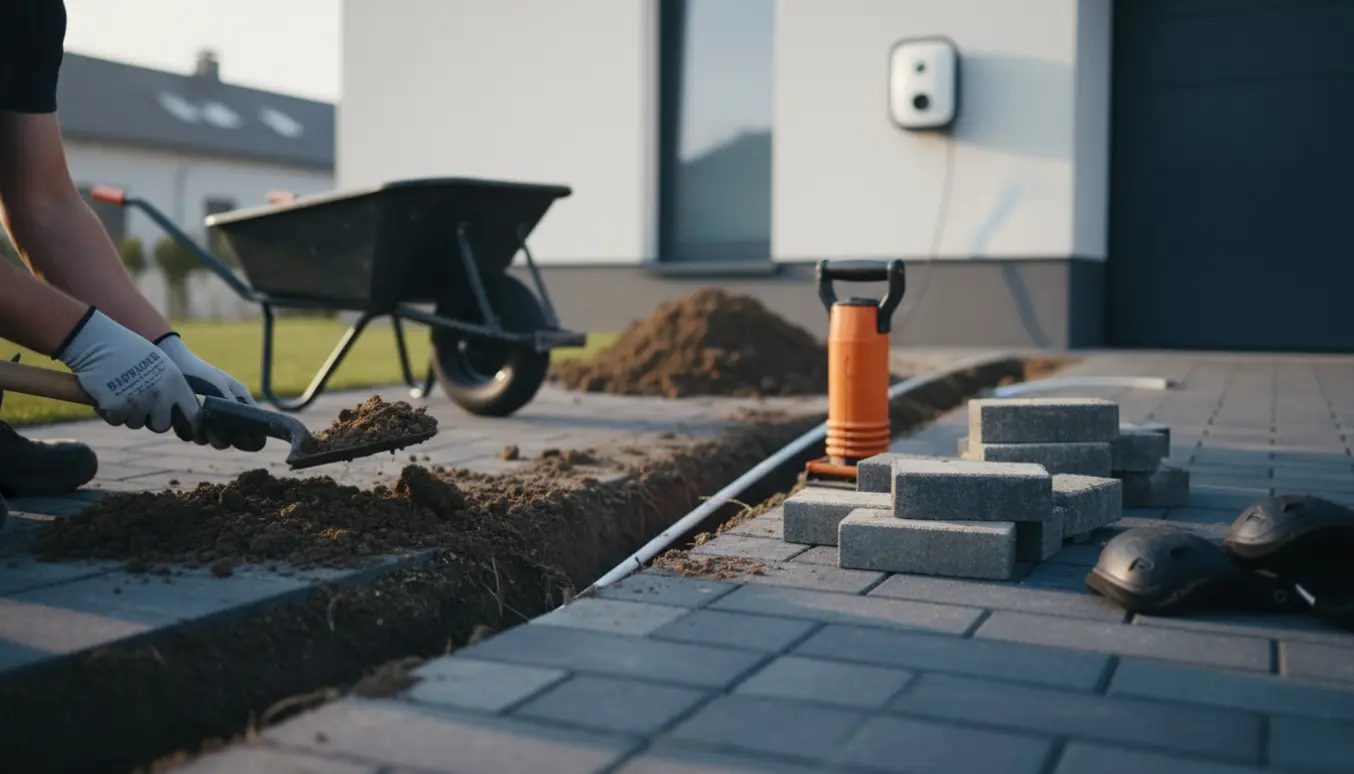 Udgravning af en 2 m lang rende 30 cm dyb og 20 cm bred langs huset til et ladekabel, med fjernede fliser og værktøj.