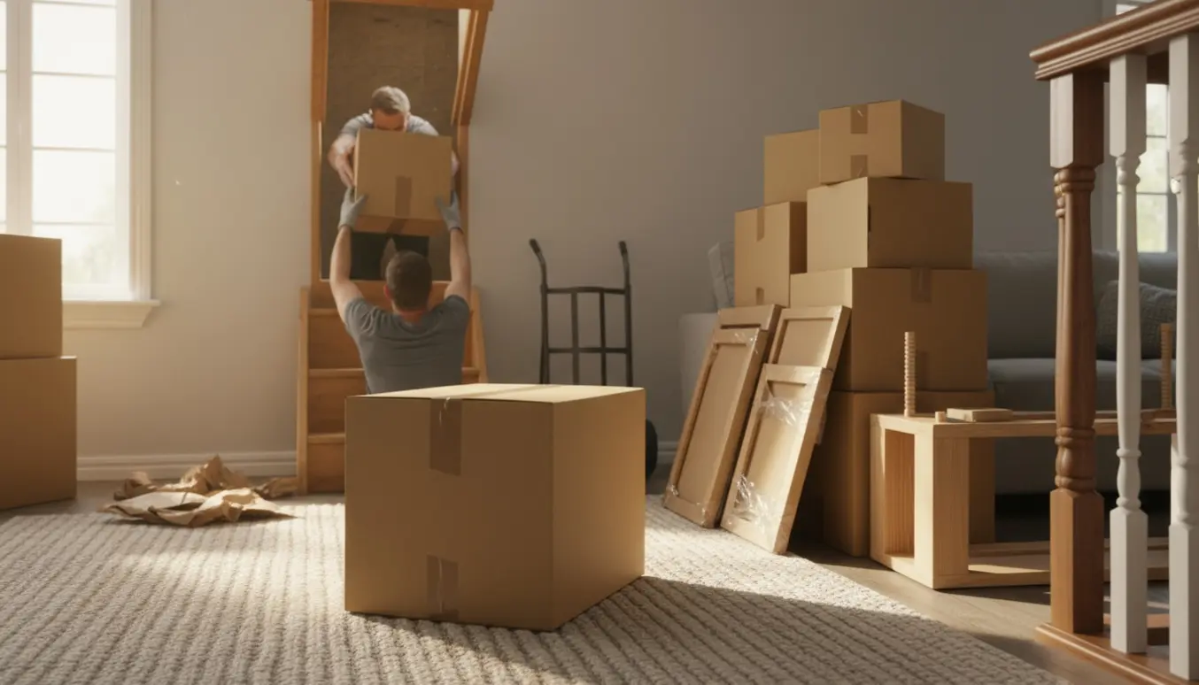 Kasser, indrammede billeder og en reol bæres ned fra et åbent loftrum til en lys stue, uden synlige ansigter.