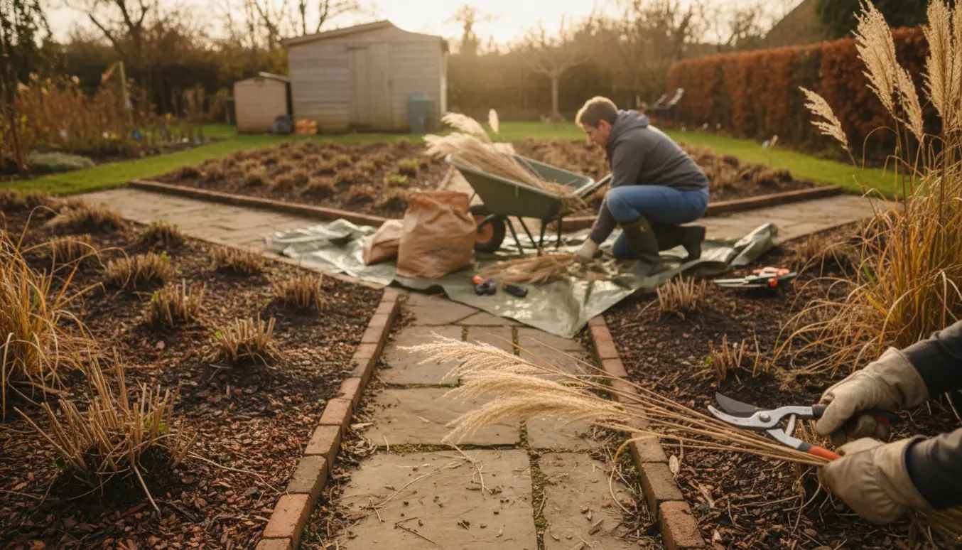 Havearbejder klipper og fjerner stauder og prydgræs i fire bede med trillebør og bunker af klippet materiale.