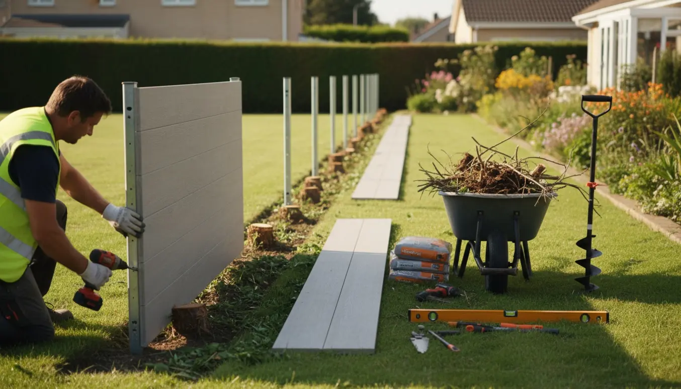 Lang havekant med fjernet hæk og opstilling af komposithegn, værktøj og trillebør i forgrunden.