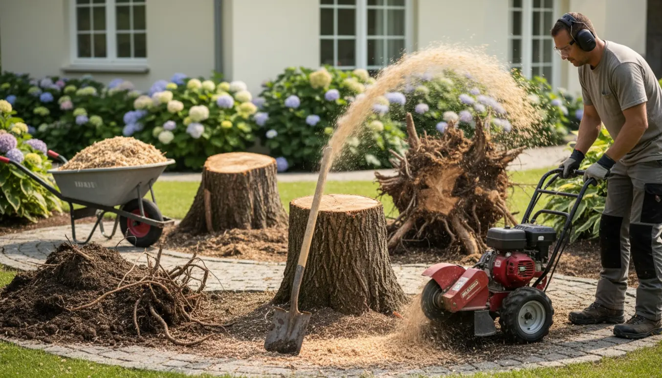 Fjernelse af flere træstubbe i en have med en stumpfræser og trillebør fyldt med træflis.