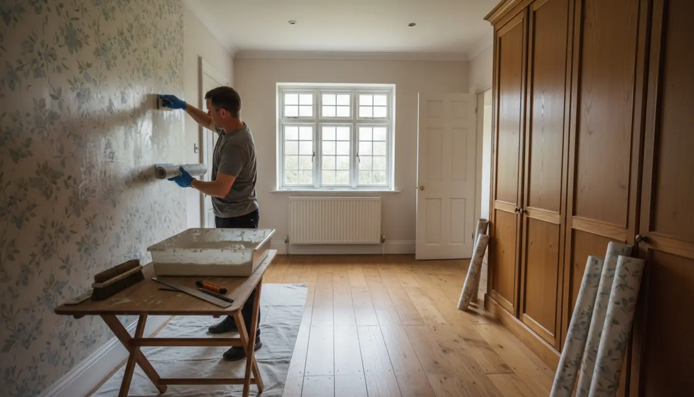 Værelse hvor tapet opsættes, med tapetruller, værktøj og blødt dagslys.