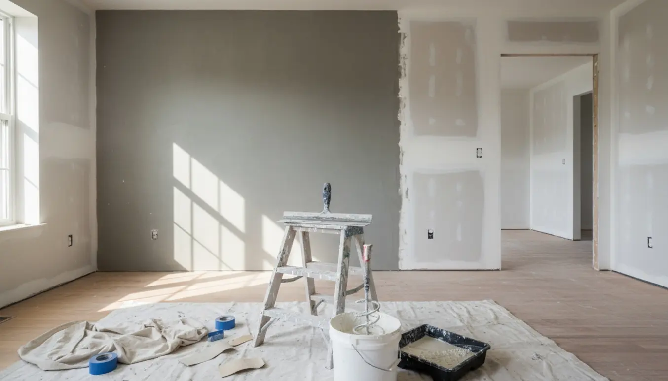 Interiør af hus under renovering med vægge delvist pudset og malerredskaber i forgrunden.