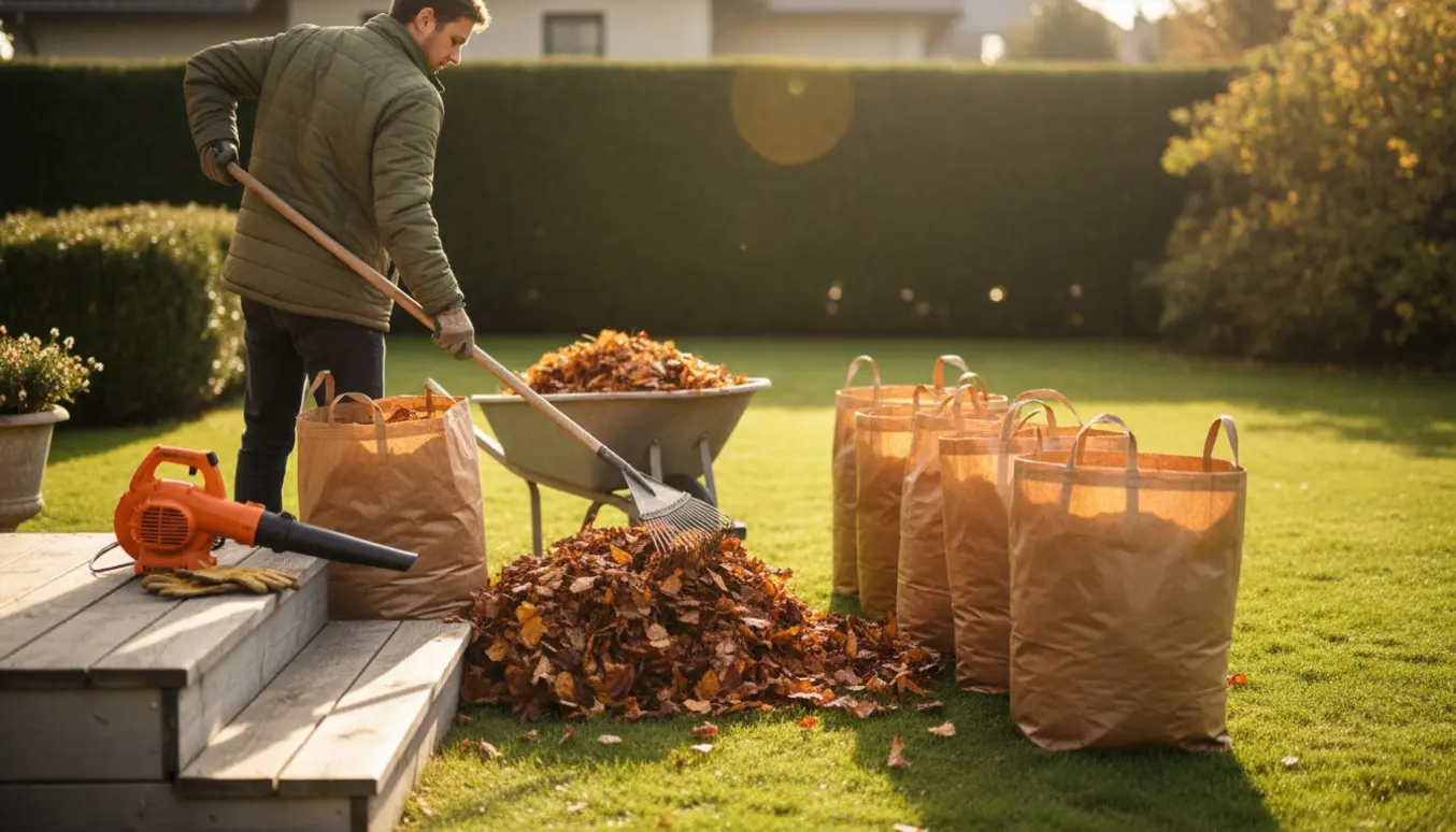 En person fra ryggen fylder store haveposer med efterårsblade på græsplænen klar til afhentning.