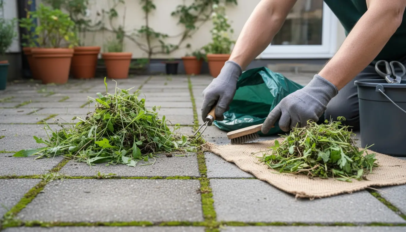 Hænder fjerner ukrudt mellem fliser i en lille have med haveredskaber ved siden af.