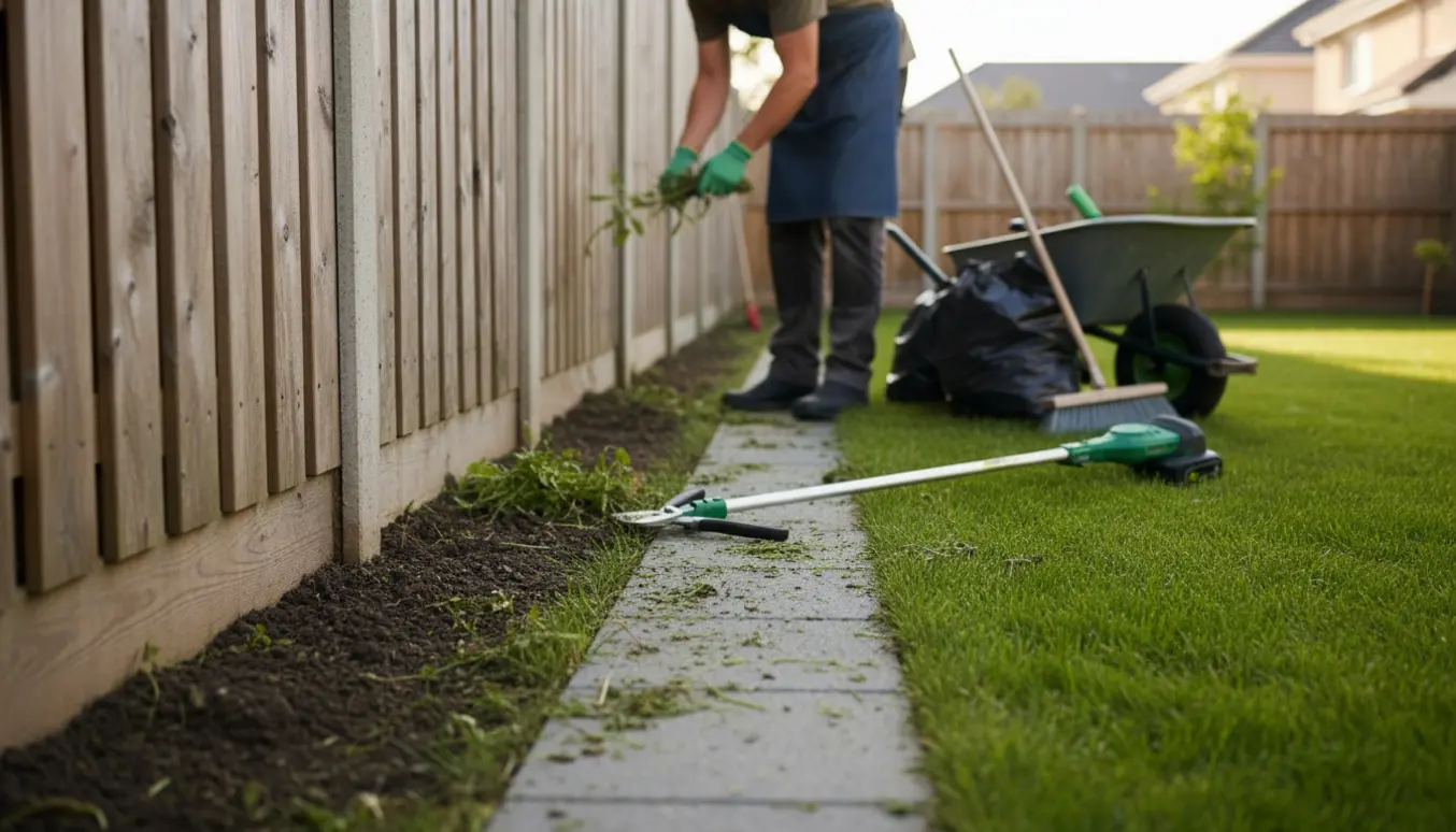 En havearbejder trimmer græskanter og fjerner ukrudt langs et træhegn og mellem fliser med affaldssække i baggrunden.