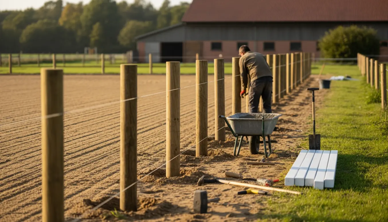 Hegn sættes op omkring en ny 20x60 m ridebane med stolper, skinner og værktøj i morgensol.