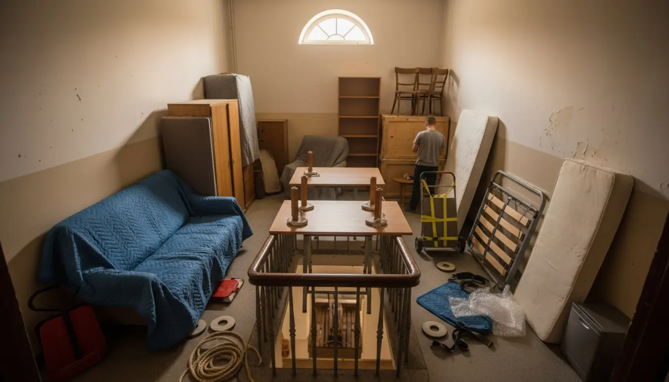 Møbler og flytteudstyr stablet i en smal trappeopgang klar til flytning mellem naboopgange.