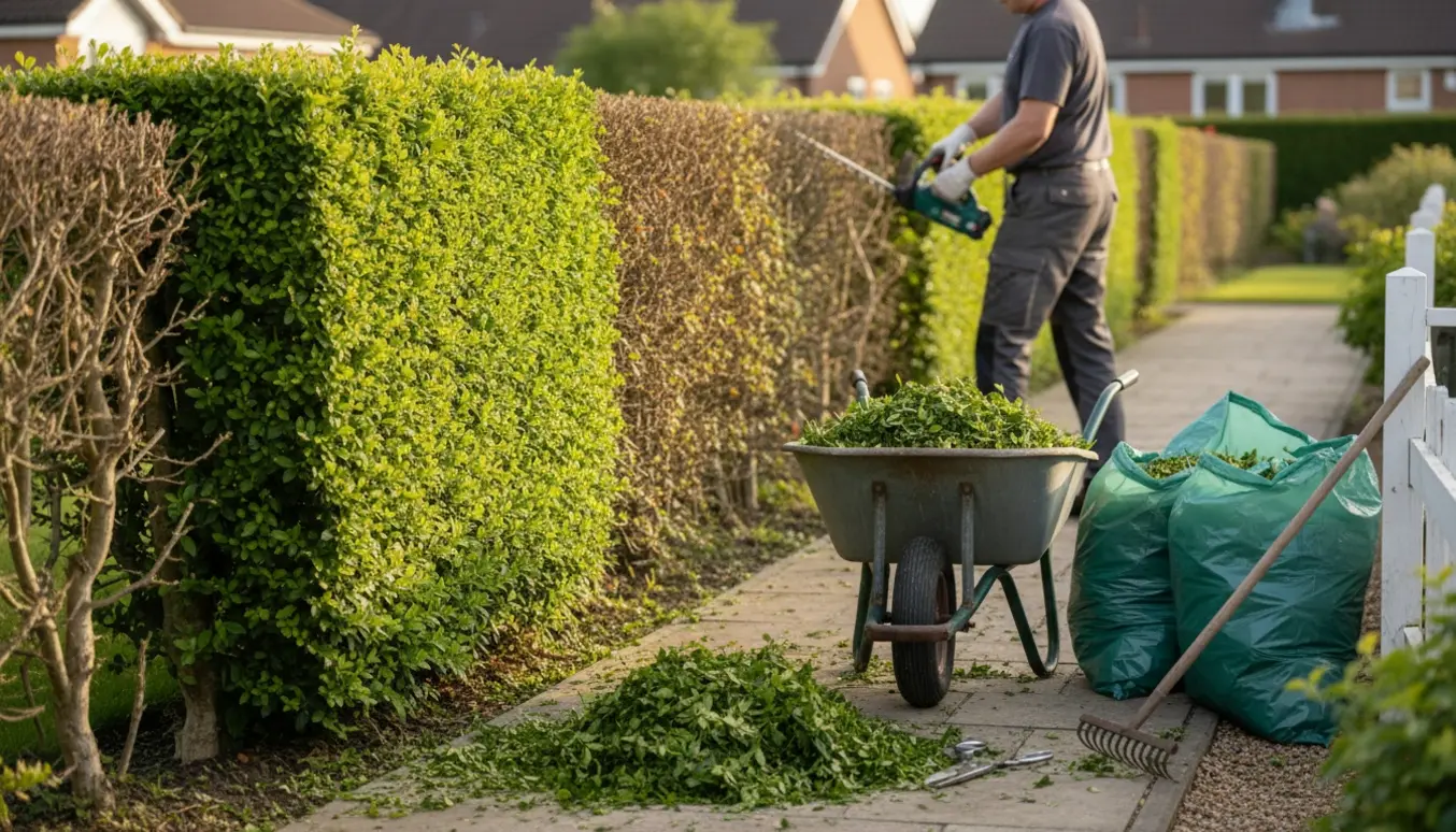 En person klipper en lang ligusterhæk med hækklipper, afklip samlet i trillebør og sække.