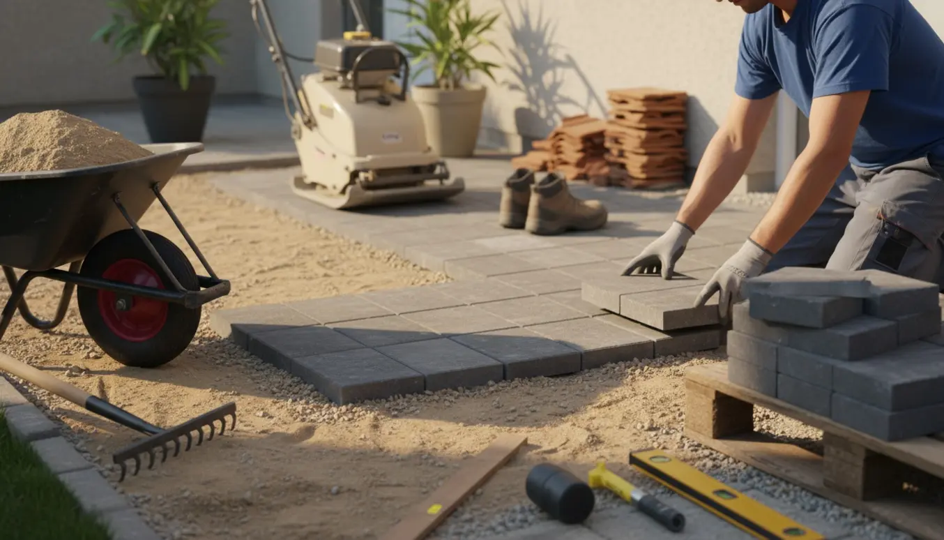 Terrasse under omlægning med hænder, stabiliseret sandbund, stak fliser og pladevibrator i baggrunden.