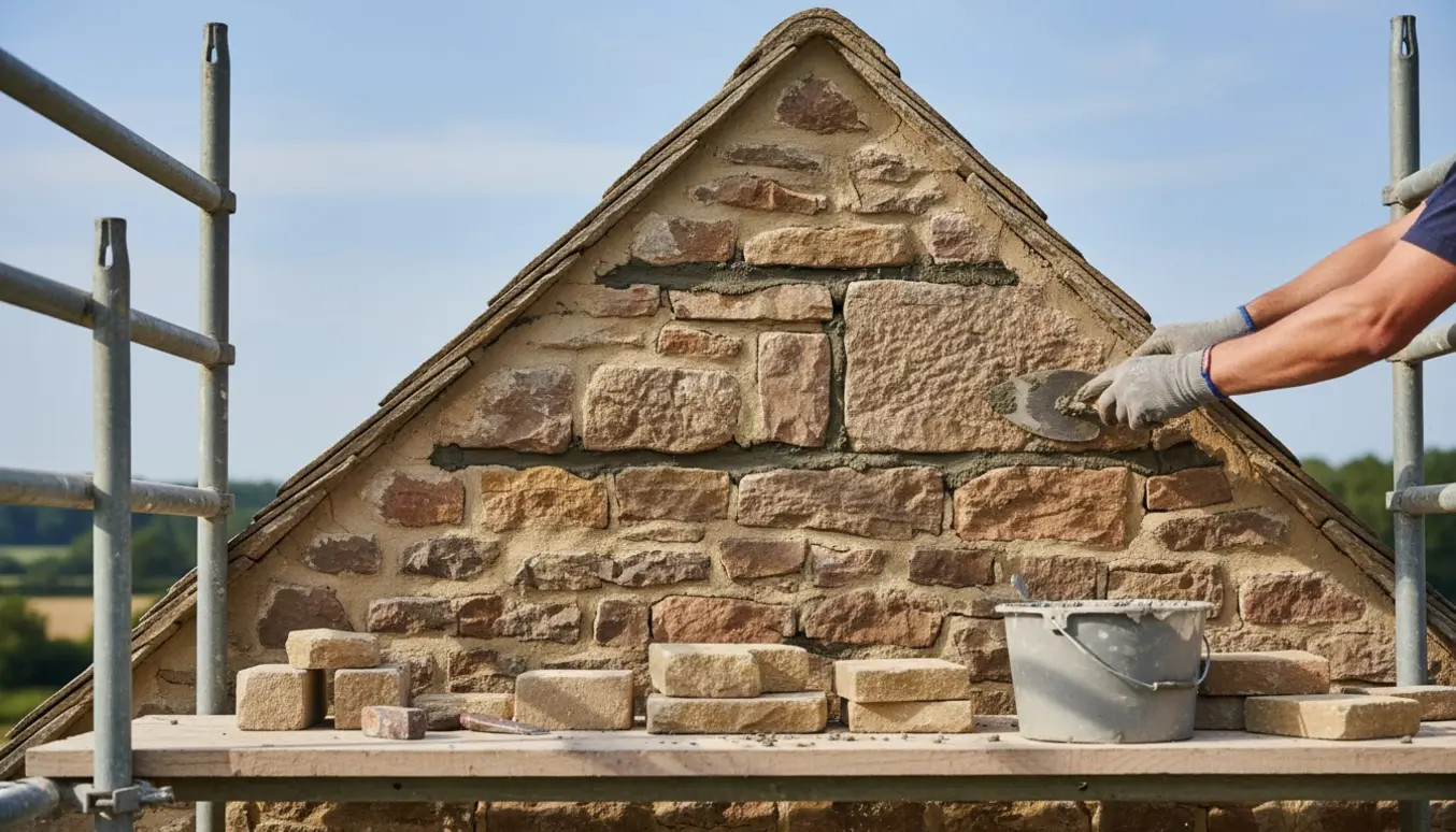 Gavltip med stillads, hvor en murer i handsker påfører ny mørtel og udskifter sten.