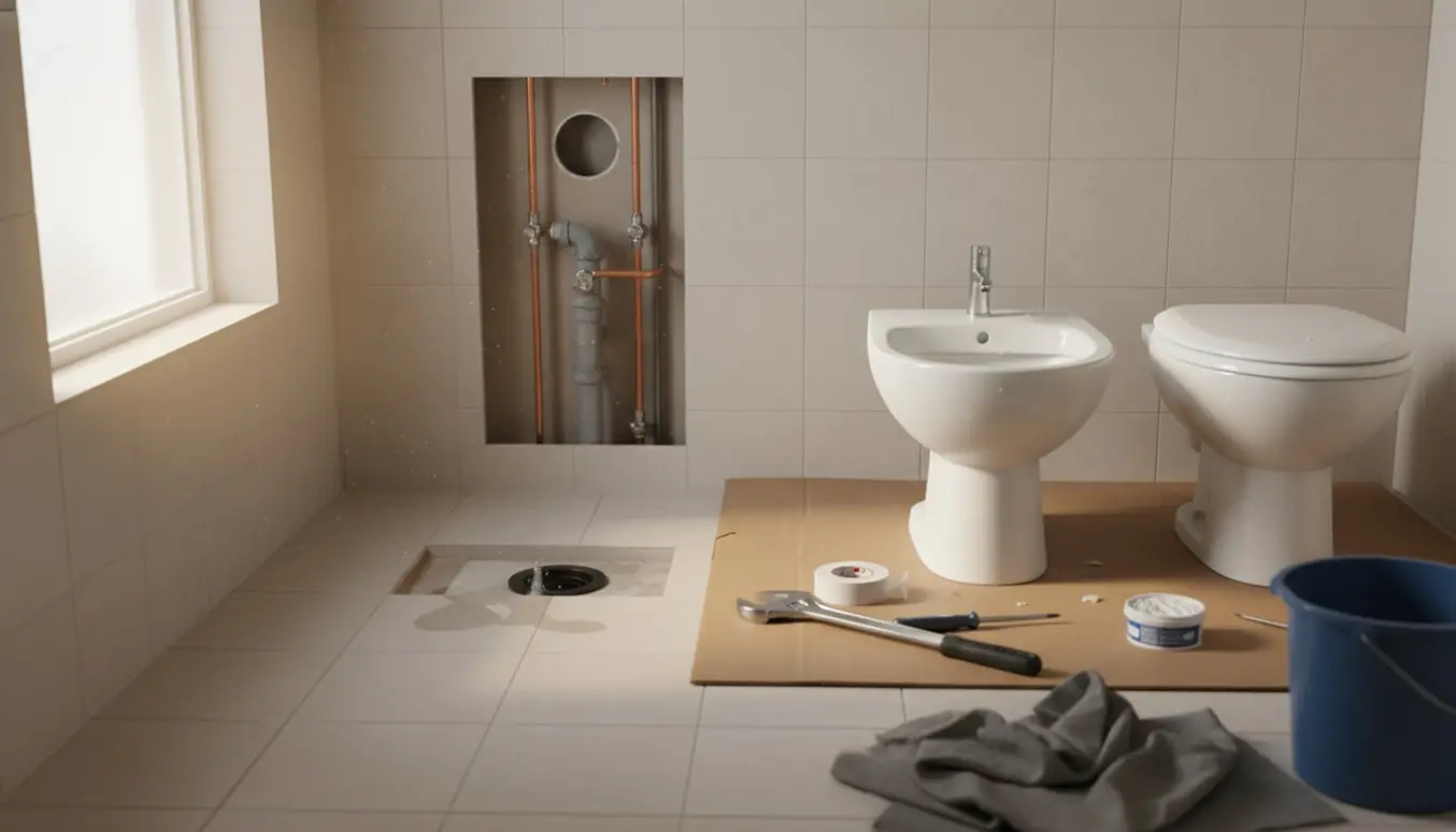 Gæstetoilet under renovering med fjernet vask og toilet, eksponerede rør og værktøj.
