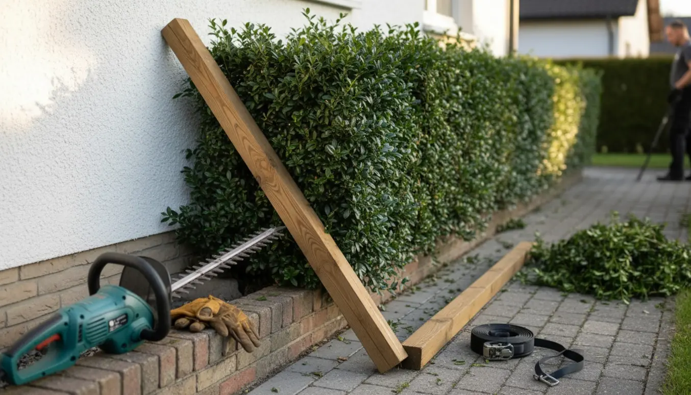 Ligusterhæk afstivet med træbjælke ved huset og en hækkeklipper klar ved siden af.