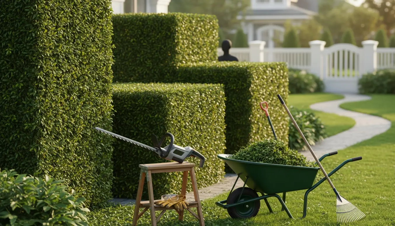 Hæk klippes i tre niveauer i en villahave med trillebør med haveaffald og hækkeklipper.