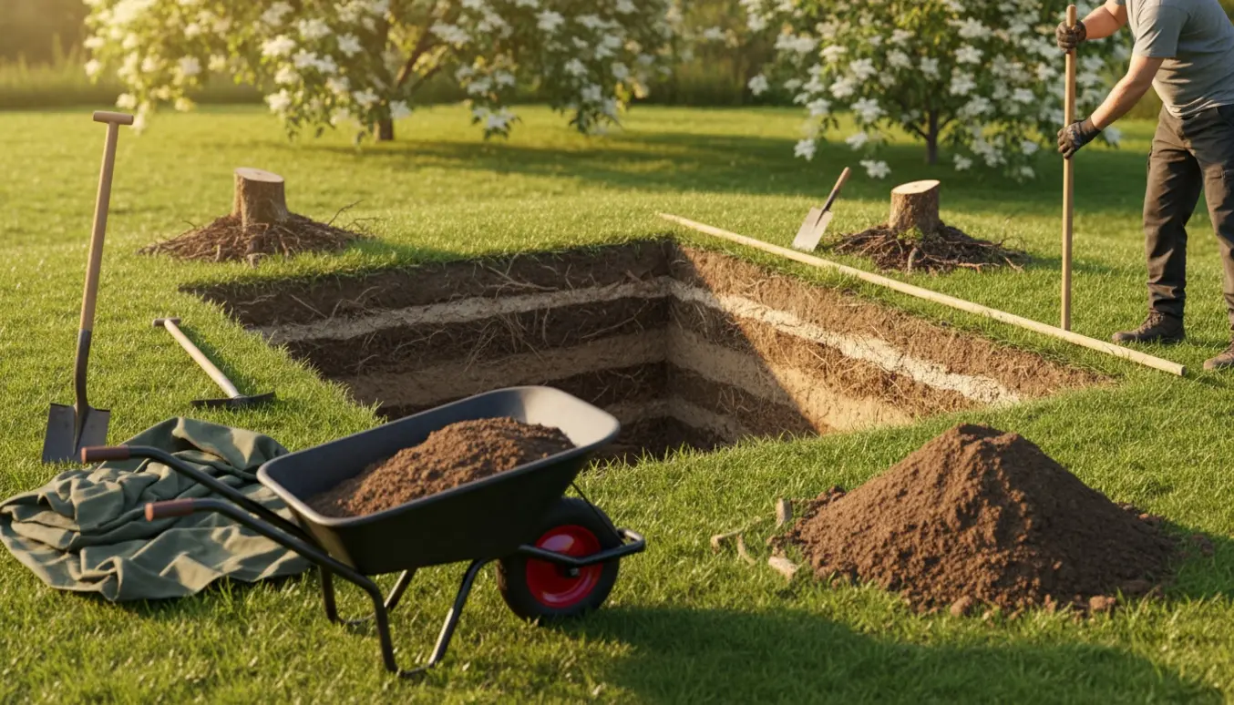 Udgravet rektangel i have til trampolin med jordbunker, skovle og to hyldestubbe.
