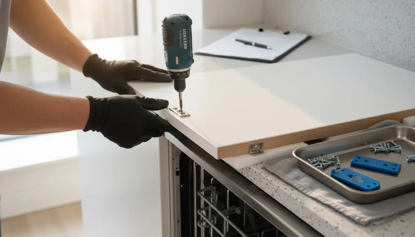 Hænder monterer en hvid flad frontlåge på en indbygget rustfri opvaskemaskine i et lyst køkken.