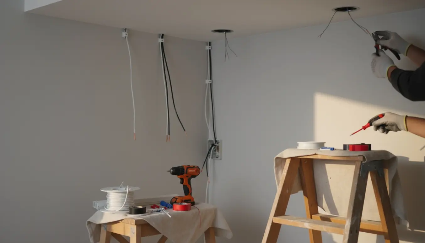 Hænder forlænger og fastgør elektriske ledninger pænt langs en væg med værktøj og spots.