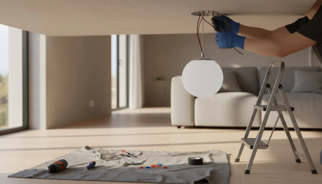 Hænder på en stige monterer en loftlampe i en stue med værktøj og naturligt lys.