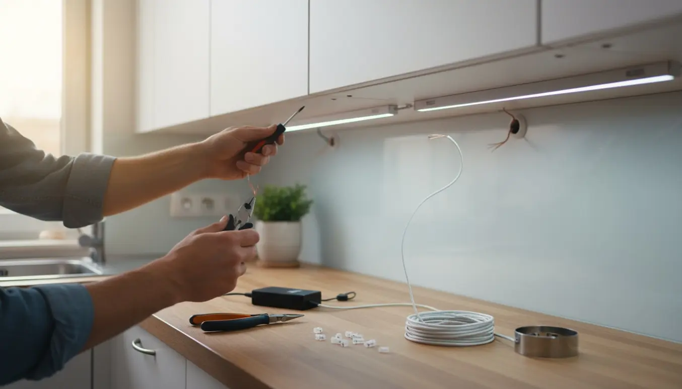 Hænder monterer slanke LED-lyslister under to underskabe i et lyst køkken med værktøj og forkortede ledninger.