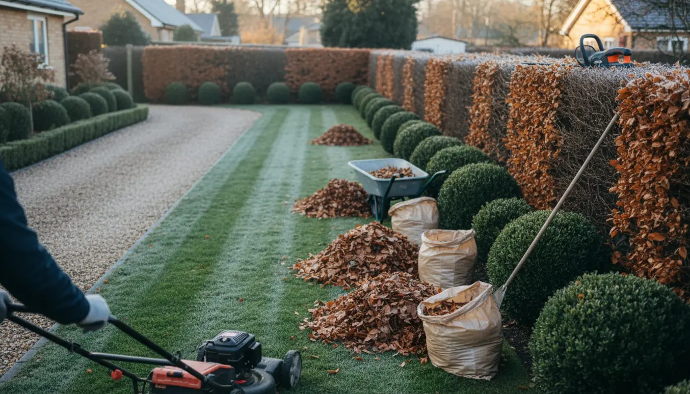 Nyslået græs, opsamlede blade og nytrimmet bøgehæk og buxbom i en forhave på en kølig vintermorgen.