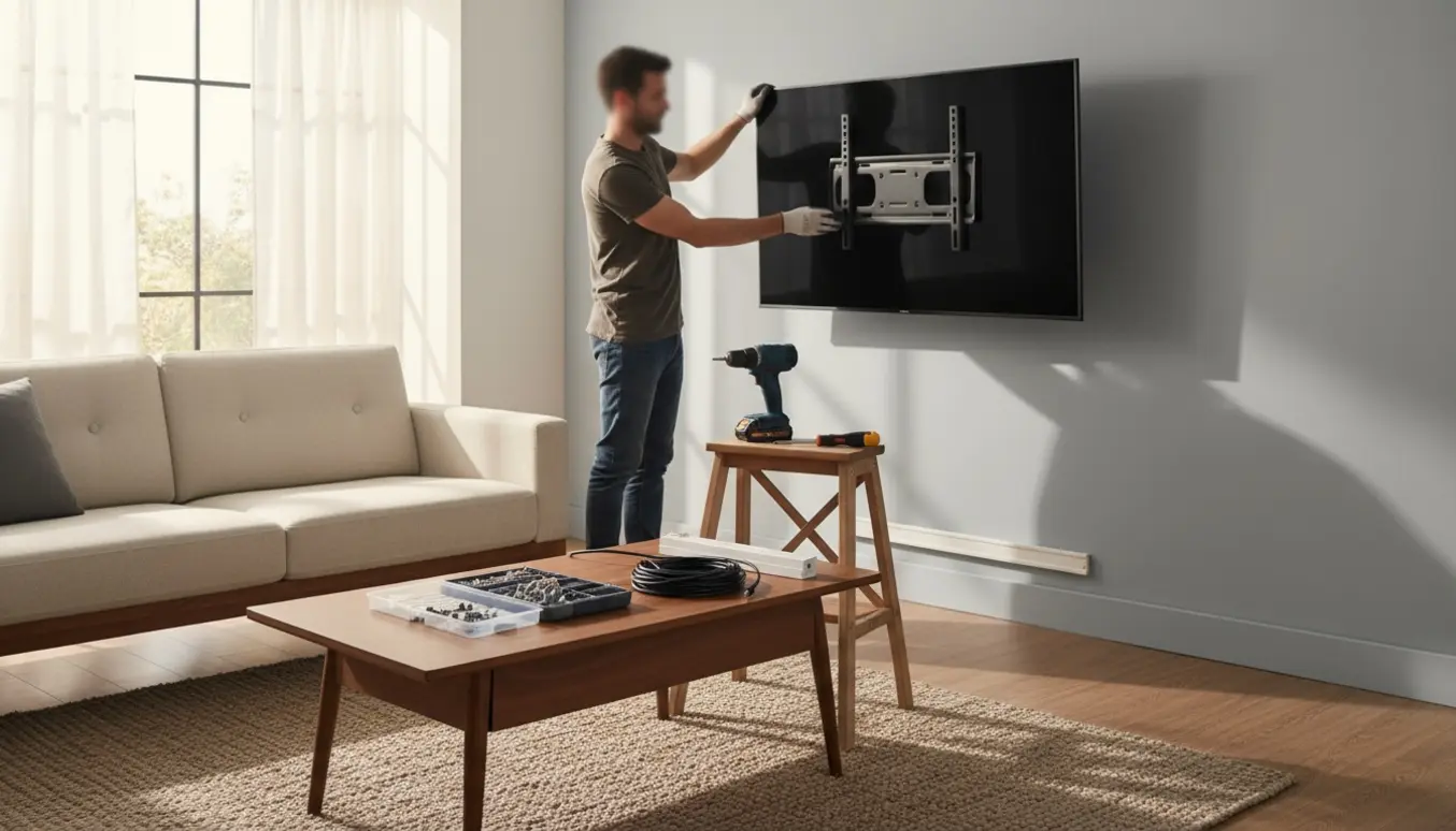Et tv bliver monteret på en væg i en lys stue med beslag og værktøj synligt.