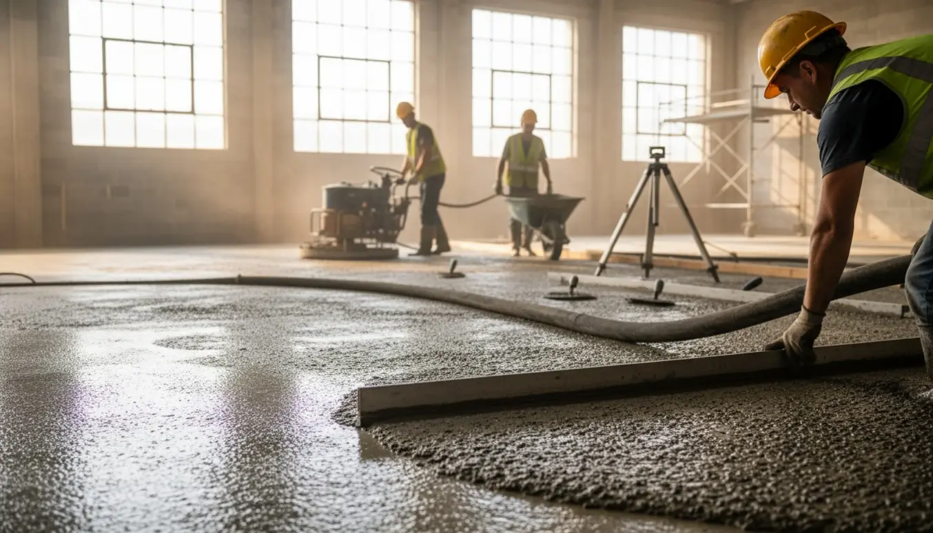 Vådt betongulv i et stort rum under støbning med pumpe, rive og håndværkere set bagfra.