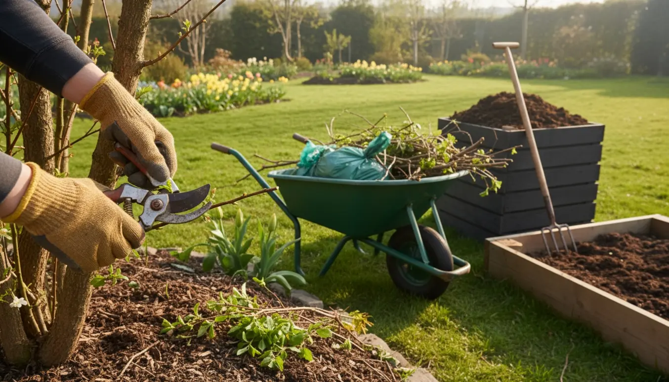 Hænder i havehandsker klipper en busk med beskærersakse foran en trillebør fyldt med haveaffald.