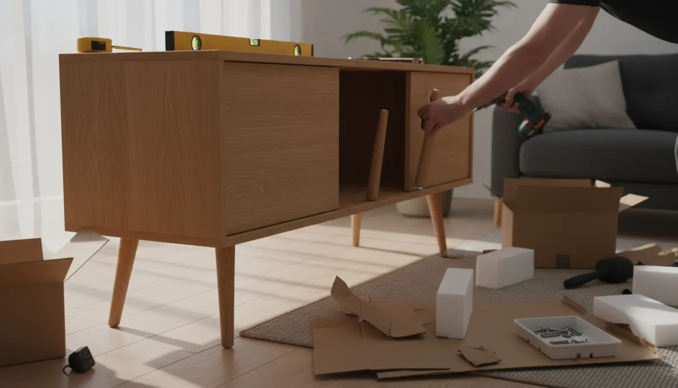 Unboxing og montering af en træskænk med fire ben og et vater på toppen.