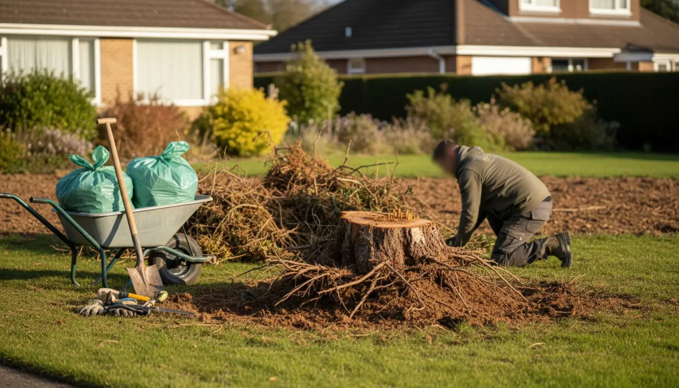 Soloplyst forhave med eksponeret kirsebærtræsrod, afskårne buske og haveværktøj, en arbejder set bagfra uden synligt ansigt.