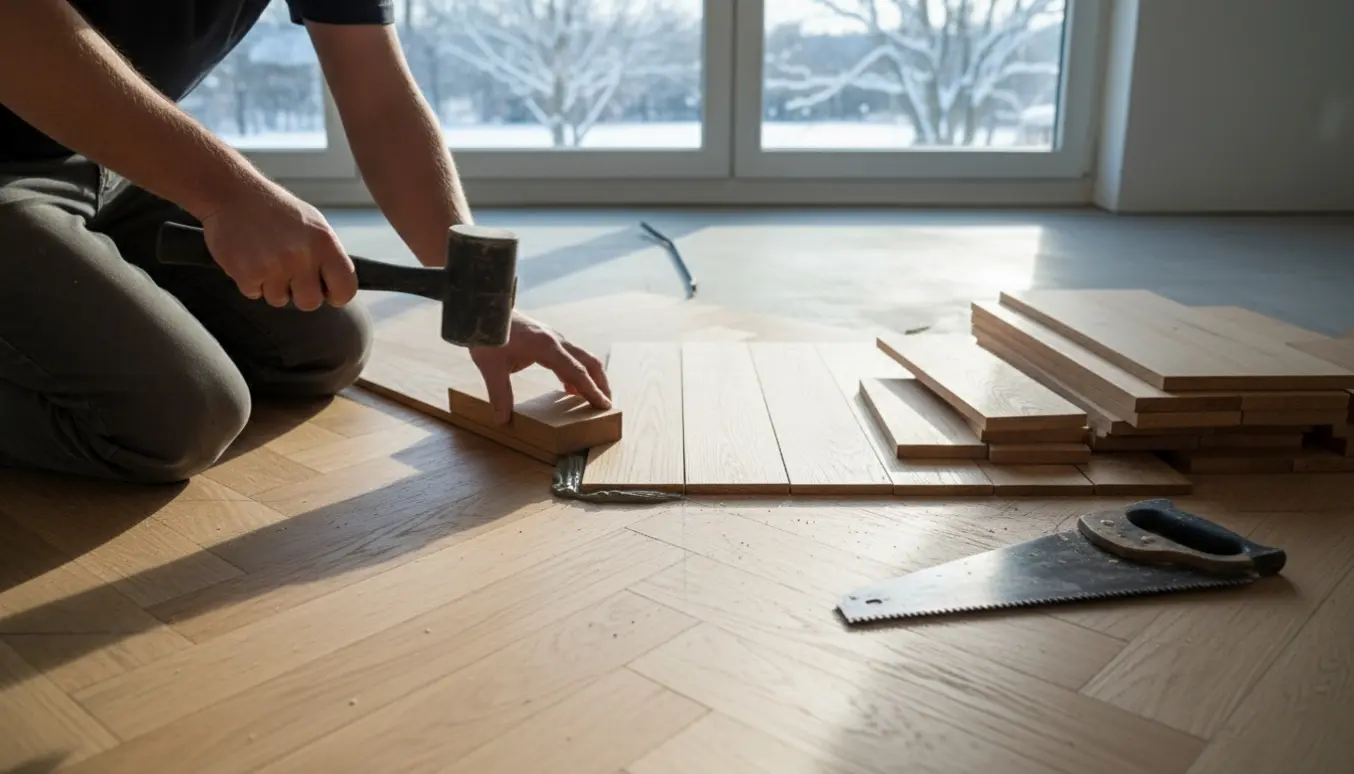 Delvist lagt sildebensparket i massiv eg i et lyst rum med værktøj og sne udenfor.