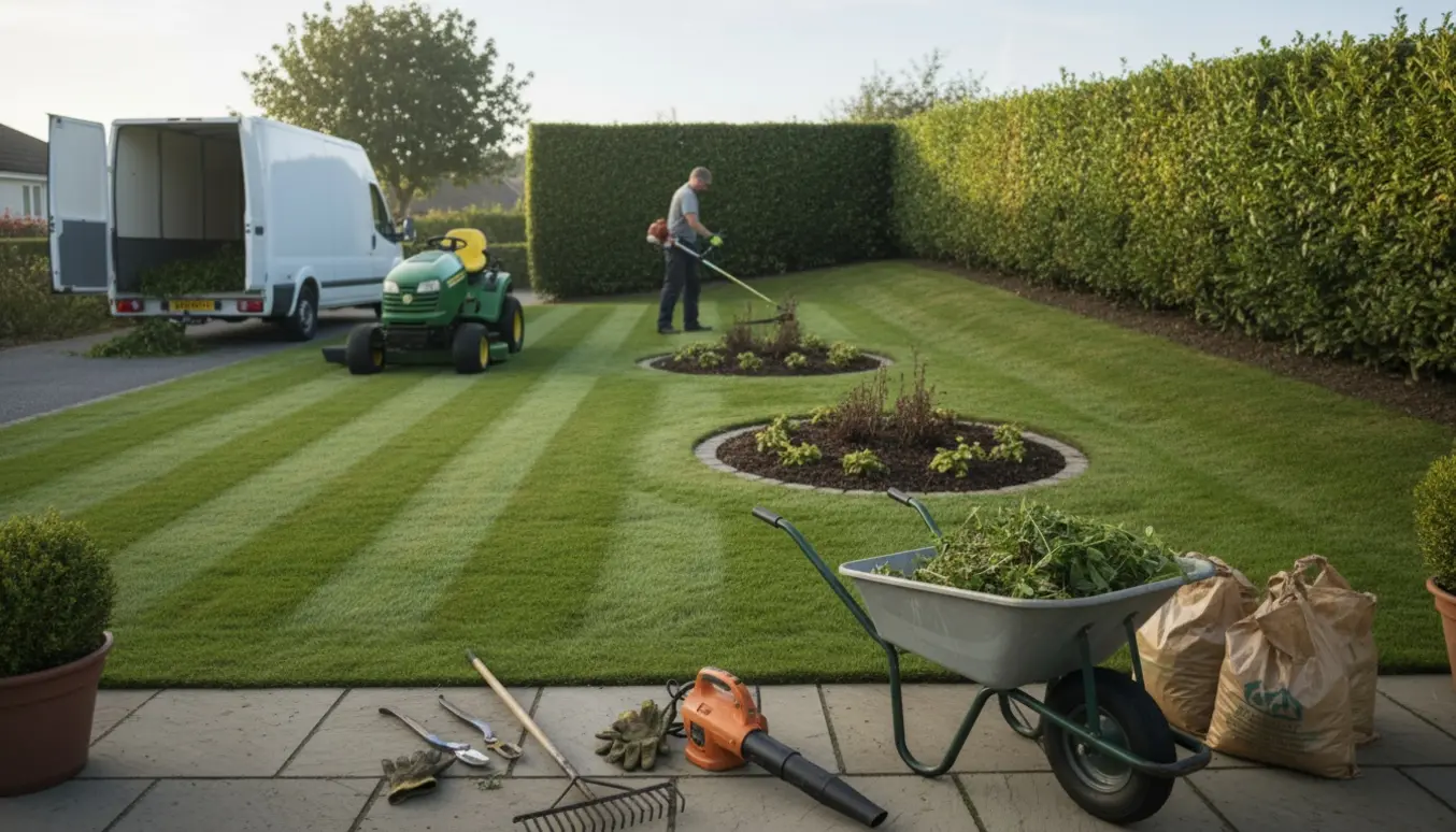 Traktorgræsslåmaskine, hækklipper og trimmer i brug i en have med samlet haveaffald klar til afhentning.