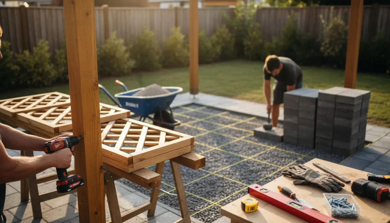 Halvt opsat træpavillon og hænder, der lægger fliser på et jævnet grusunderlag i haven.