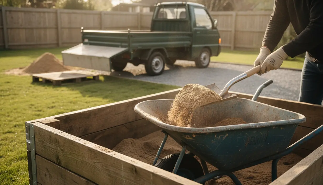 Handsker og skovl læsser sand fra en stor træplantekasse i en trillebør klar til transport.