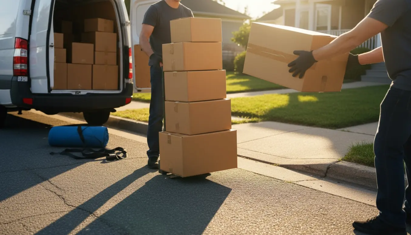 To personer bærer en stak flyttekasser fra kantsten til kantsten på en rolig villavej.