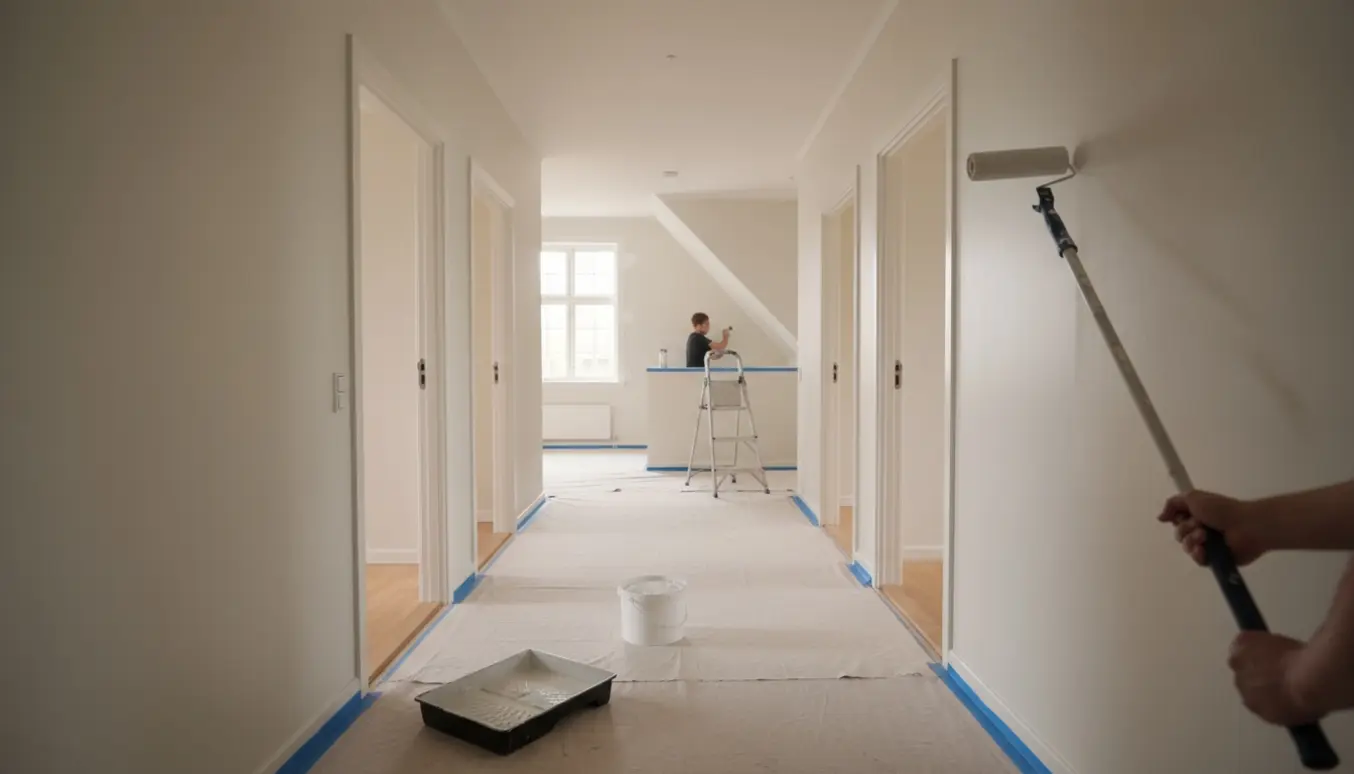Soloplyst, tom bolig hvor vægge og skrå skunkvægge males med rulle og pensel.