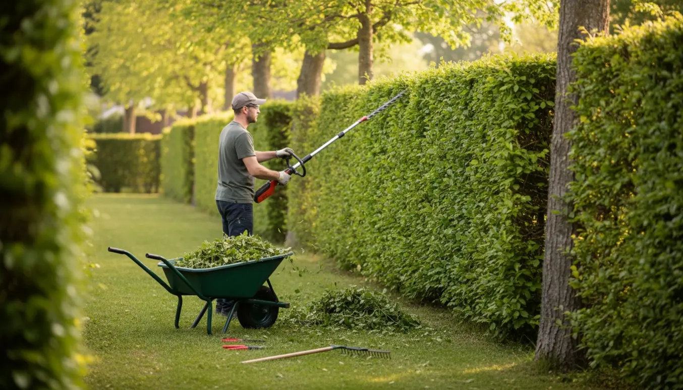 En person klipper en lang, frodig bøgehæk med en langskaftet hækkeklipper, set bagfra uden synligt ansigt.