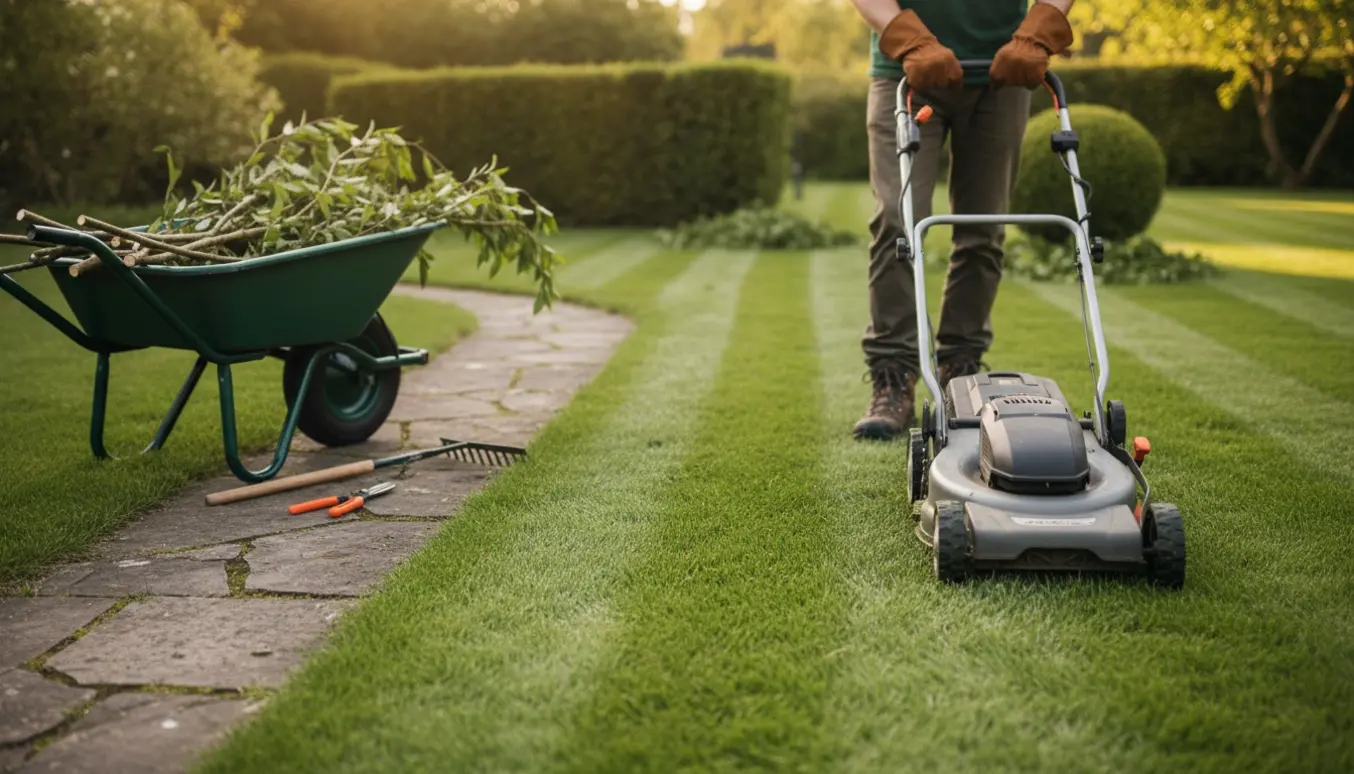 En person slår græs og ordner buske i en solrig have med plæneklipper og beskæresakse.