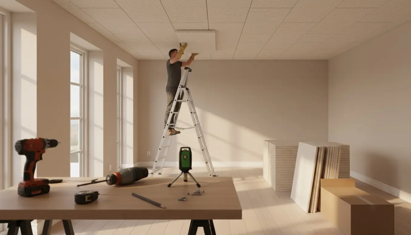 Tømrer monterer Troldtex-agtige akustikplader i et lyst rum, tæt på værktøj og paneler.